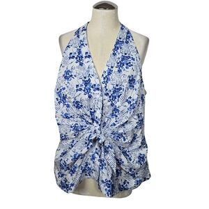 Kari Blue Curvy V Neck Floral Button Down Front Knot Keyhole Tank Top 14W